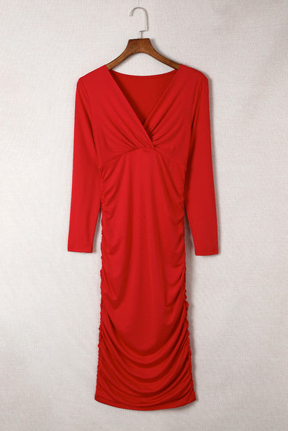 Fiery Red Long Sleeves Wrap V Neck Ruched Sheath Bodycon Dress - Posh Discount