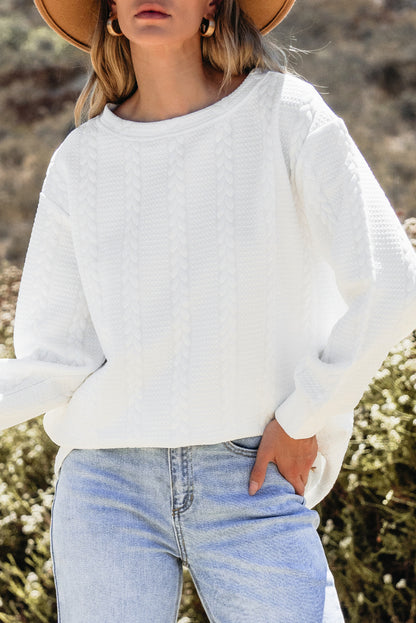 White Cable Textured Long Sleeve Round Neck Top