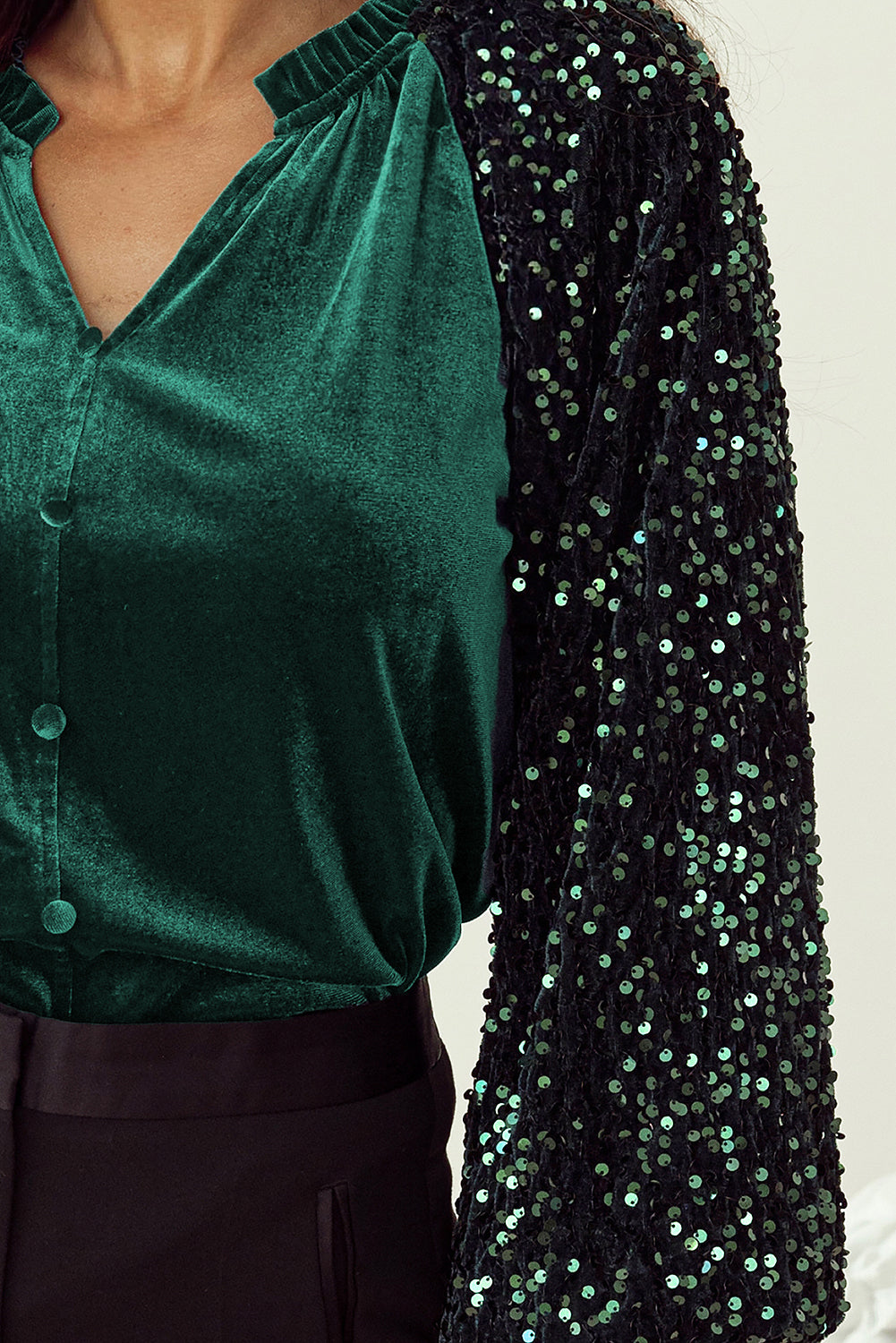 Evergreen Sequin Patchwork Sleeve Button Up Velvet Top