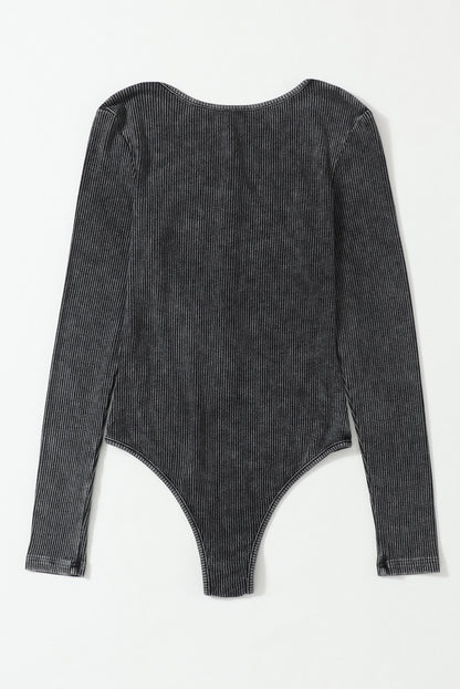 Black Mineral Wash Ribbed Snap Buttons Long Sleeve Bodysuit