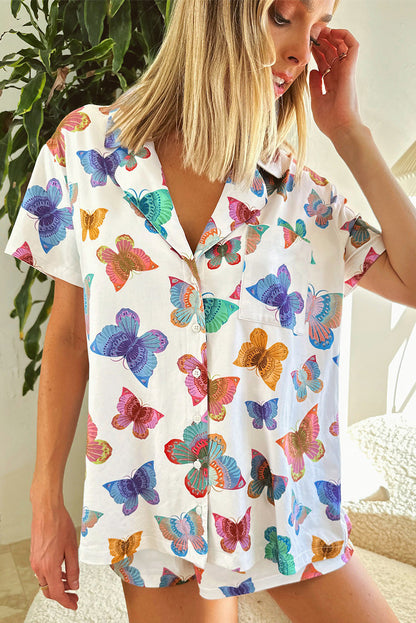 Ensemble pyjama chemise à manches courtes à motif papillon multicolore