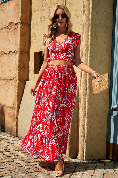 Black Multicolor Floral Ruffled Crop Top and Maxi Skirt Set