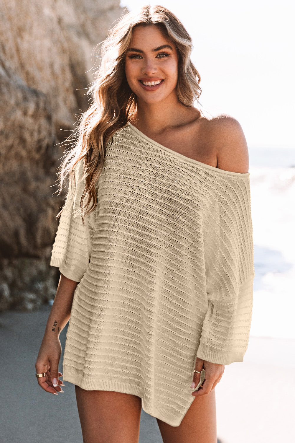 Brown Textured Knit Drop Shoulder Tee