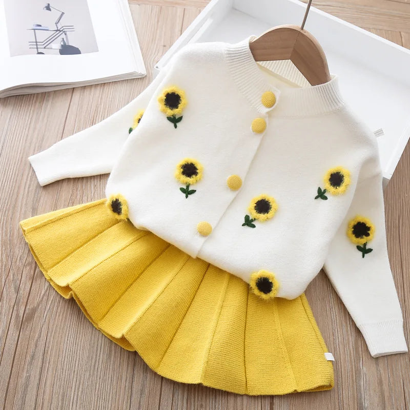 Girls' long sleeve knitting suit 2024 Christmas autumn winter new girls' sweater cardigan knitting Top + skirt two piece set