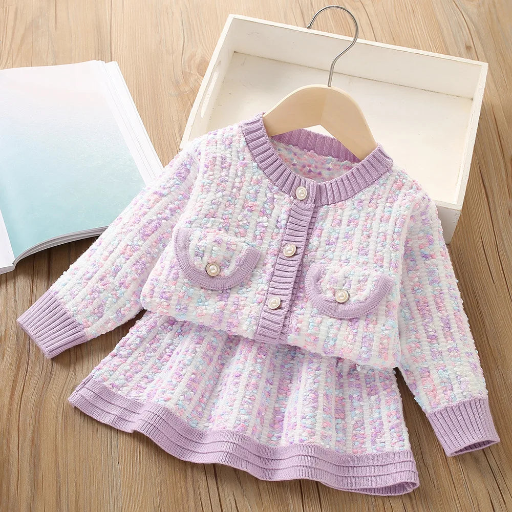 Girls' long sleeve knitting suit 2024 Christmas autumn winter new girls' sweater cardigan knitting Top + skirt two piece set