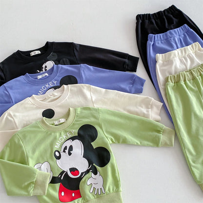 Disney Mickey Children' Tracksuit Cartoon Long Sleeve Crewneck Hoodies + Pants Two Piece Set