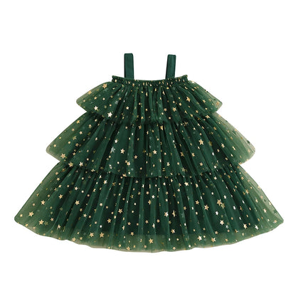 Girls Christmas Dress Strap Sleeveless Star Print Lace Layered Tulle