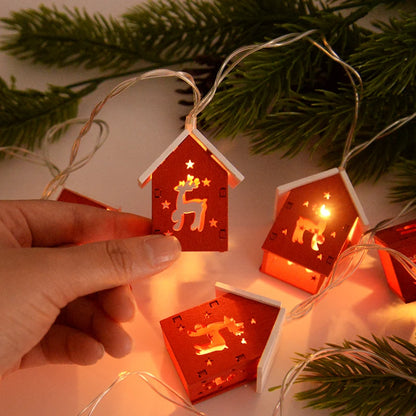 Christmas Wooden House LED String Light Xmas Tree Hanging Ornament