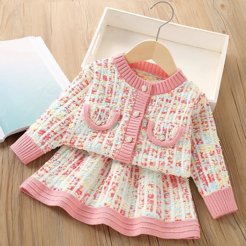 Girls' long sleeve knitting suit 2024 Christmas autumn winter new girls' sweater cardigan knitting Top + skirt two piece set