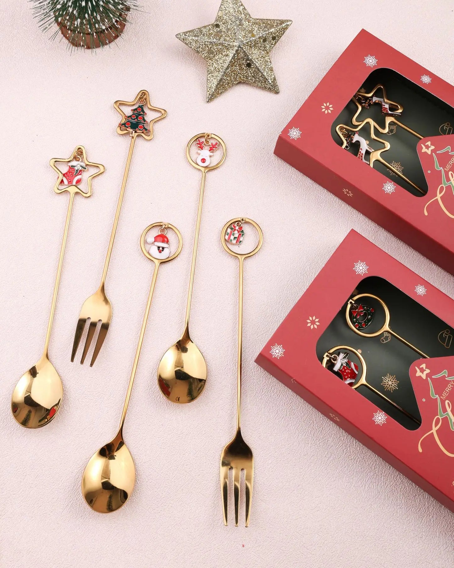 2pcs Christmas Decoration Silver Glod Spoon Fork Set Elk