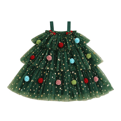 Girls Christmas Dress Strap Sleeveless Star Print Lace Layered Tulle