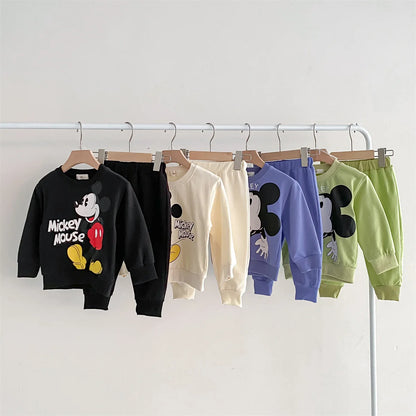 Disney Mickey Children' Tracksuit Cartoon Long Sleeve Crewneck Hoodies + Pants Two Piece Set