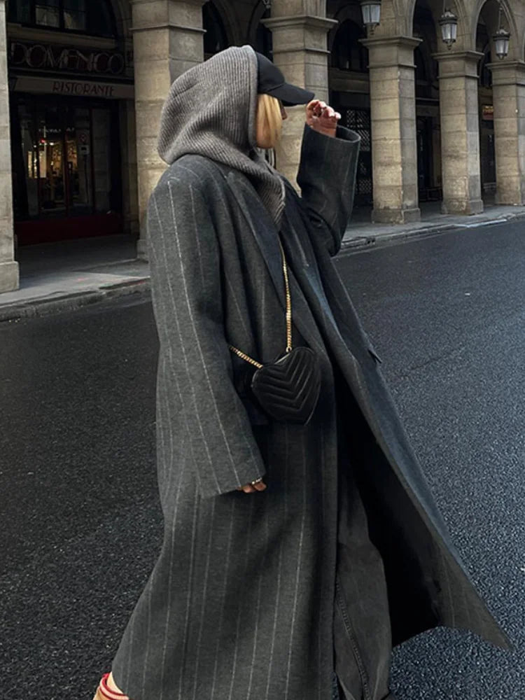 Retro Gray Unisex Striped  Long Coats