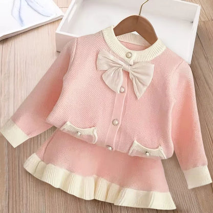 Girls' long sleeve knitting suit 2024 Christmas autumn winter new girls' sweater cardigan knitting Top + skirt two piece set