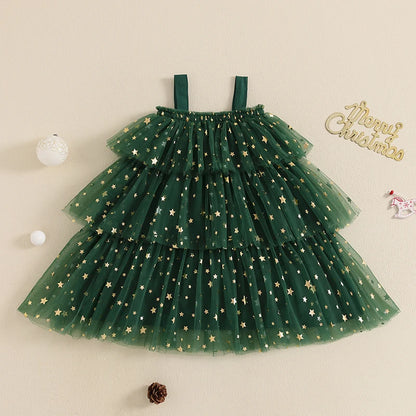 Girls Christmas Dress Strap Sleeveless Star Print Lace Layered Tulle