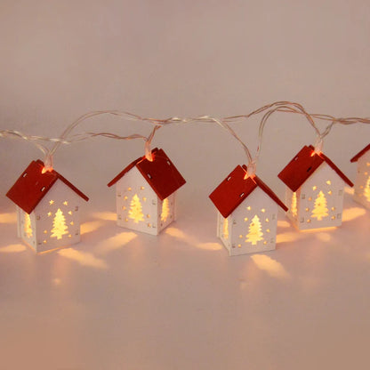 Christmas Wooden House LED String Light Xmas Tree Hanging Ornament