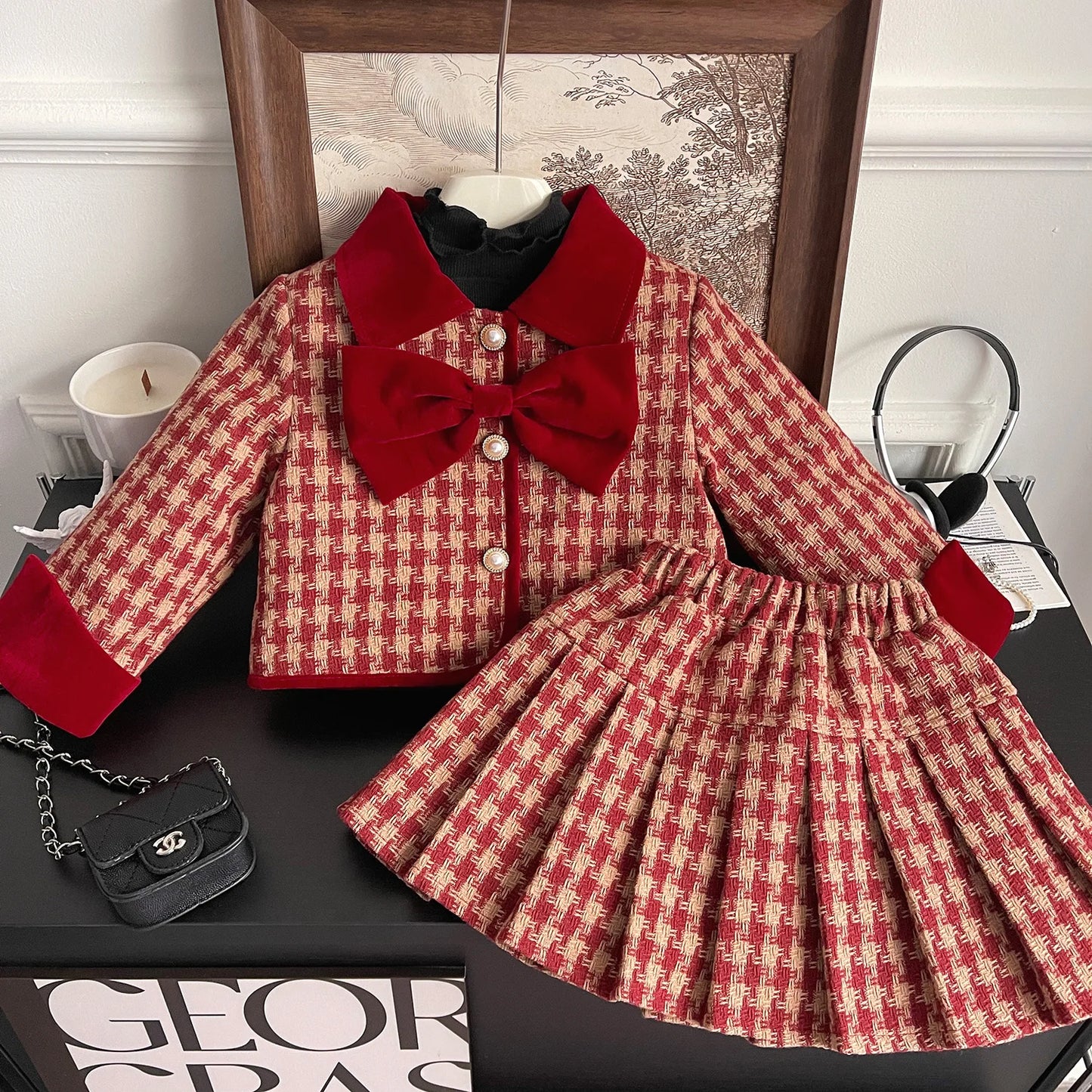 New Korean Edition Girls Red Grid Bow Set