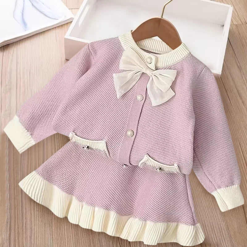 Girls' long sleeve knitting suit 2024 Christmas autumn winter new girls' sweater cardigan knitting Top + skirt two piece set