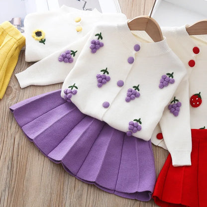 Girls' long sleeve knitting suit 2024 Christmas autumn winter new girls' sweater cardigan knitting Top + skirt two piece set