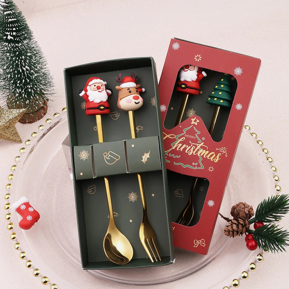 2pcs Christmas Decoration Silver Glod Spoon Fork Set Elk