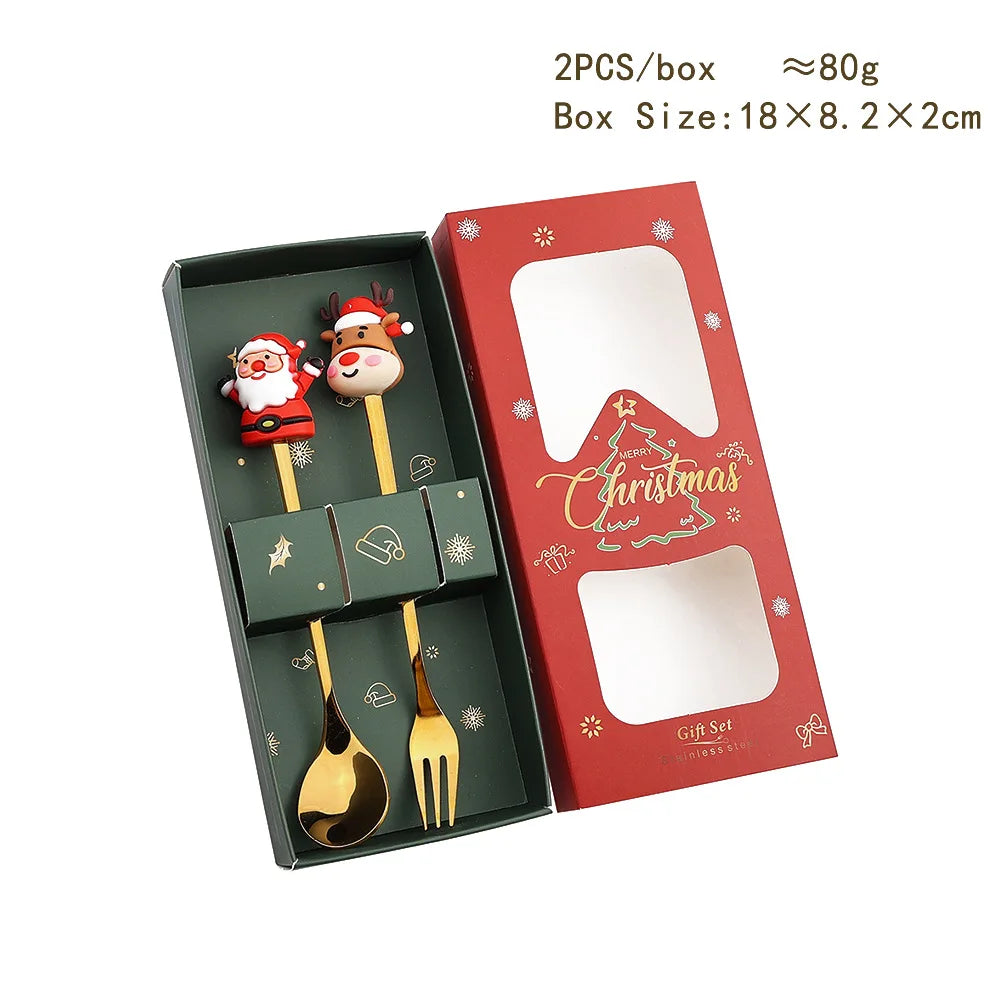 2pcs Christmas Decoration Silver Glod Spoon Fork Set Elk