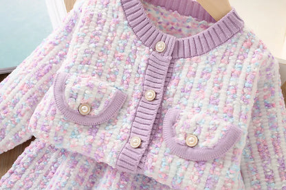 Girls' long sleeve knitting suit 2024 Christmas autumn winter new girls' sweater cardigan knitting Top + skirt two piece set