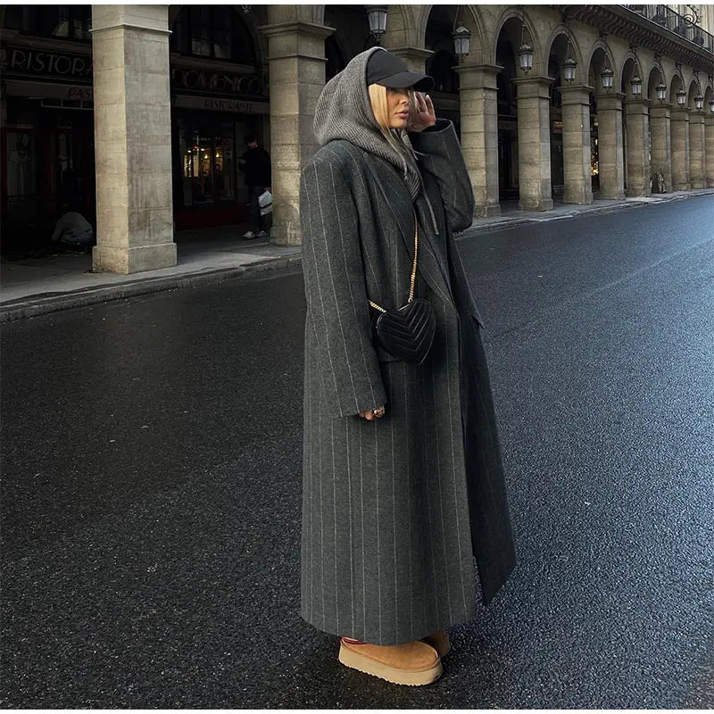 Retro Gray Unisex Striped  Long Coats