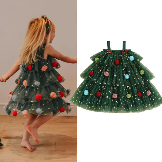 Girls Christmas Dress Strap Sleeveless Star Print Lace Layered Tulle