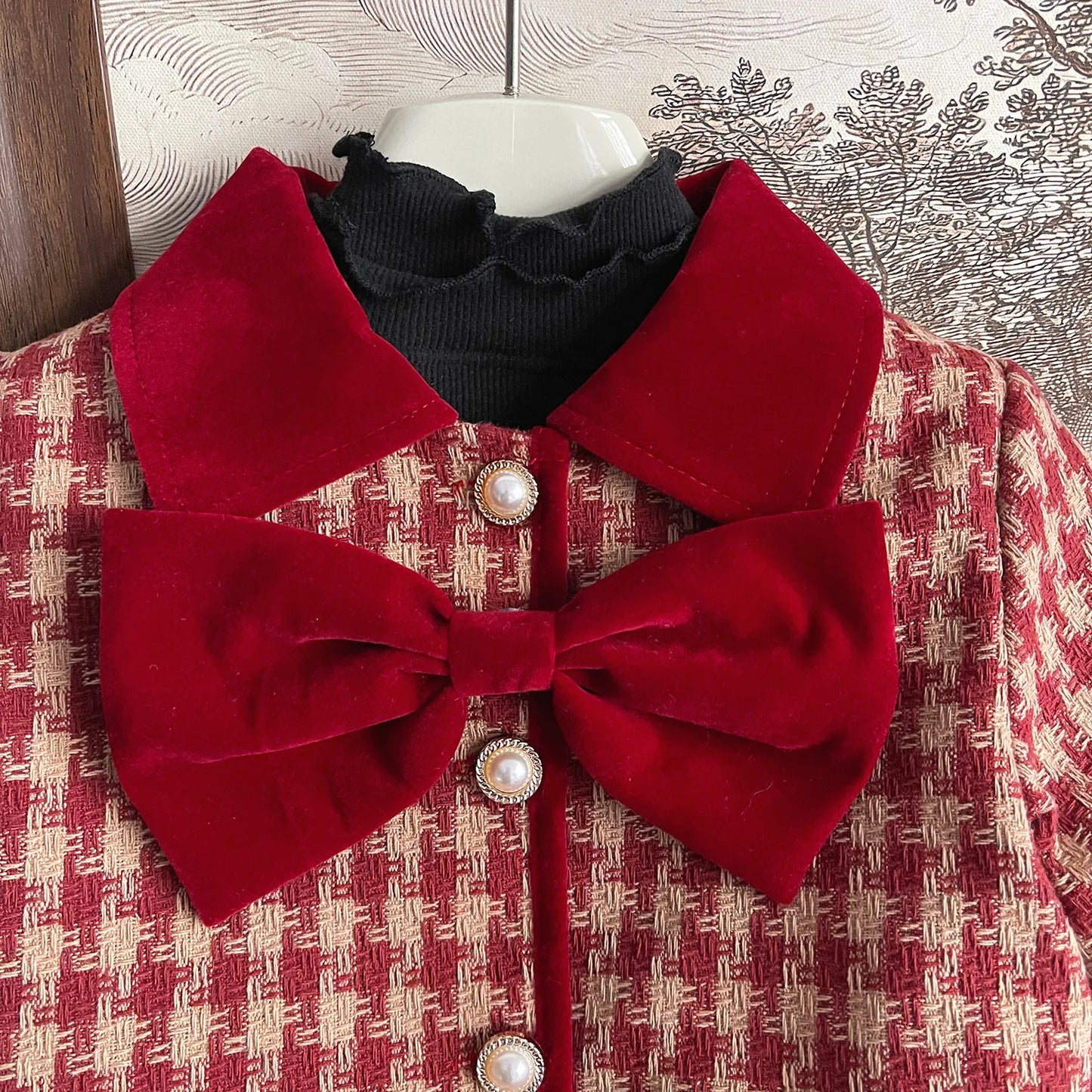 New Korean Edition Girls Red Grid Bow Set