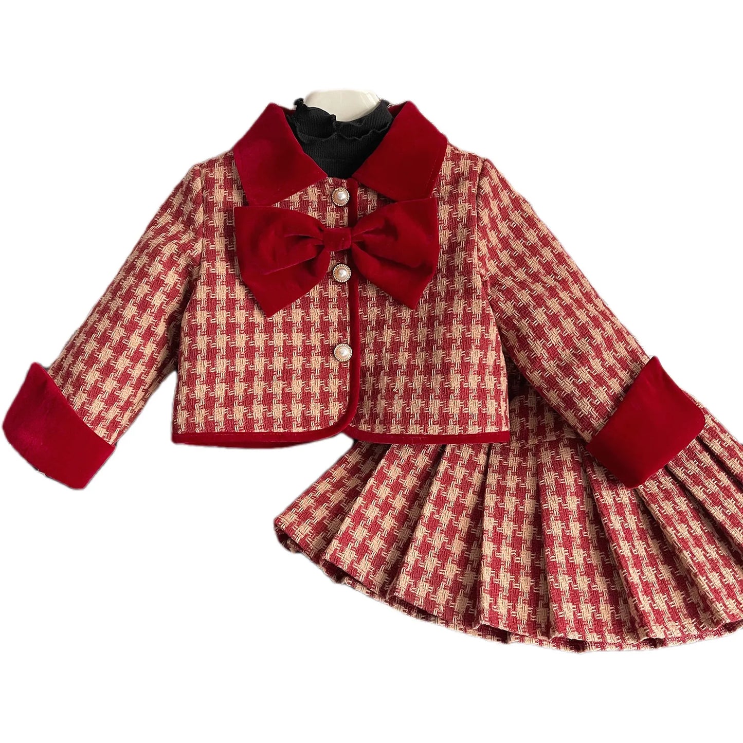 New Korean Edition Girls Red Grid Bow Set