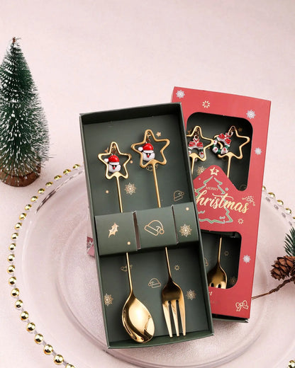 2pcs Christmas Decoration Silver Glod Spoon Fork Set Elk