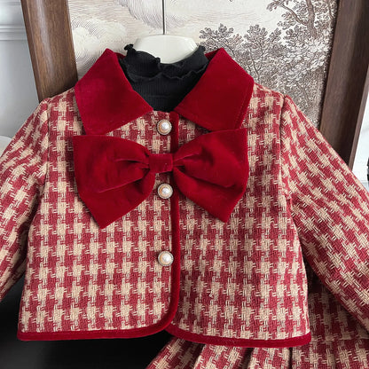 New Korean Edition Girls Red Grid Bow Set