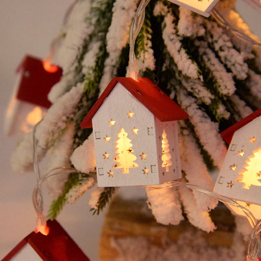 Christmas Wooden House LED String Light Xmas Tree Hanging Ornament