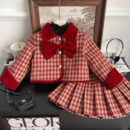 New Korean Edition Girls Red Grid Bow Set