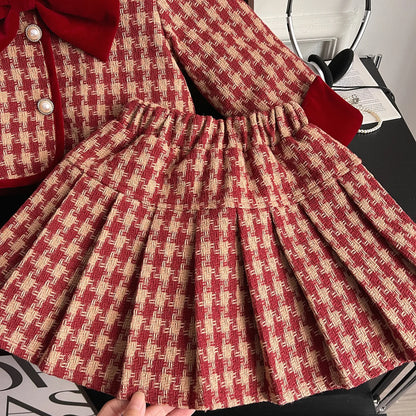 New Korean Edition Girls Red Grid Bow Set