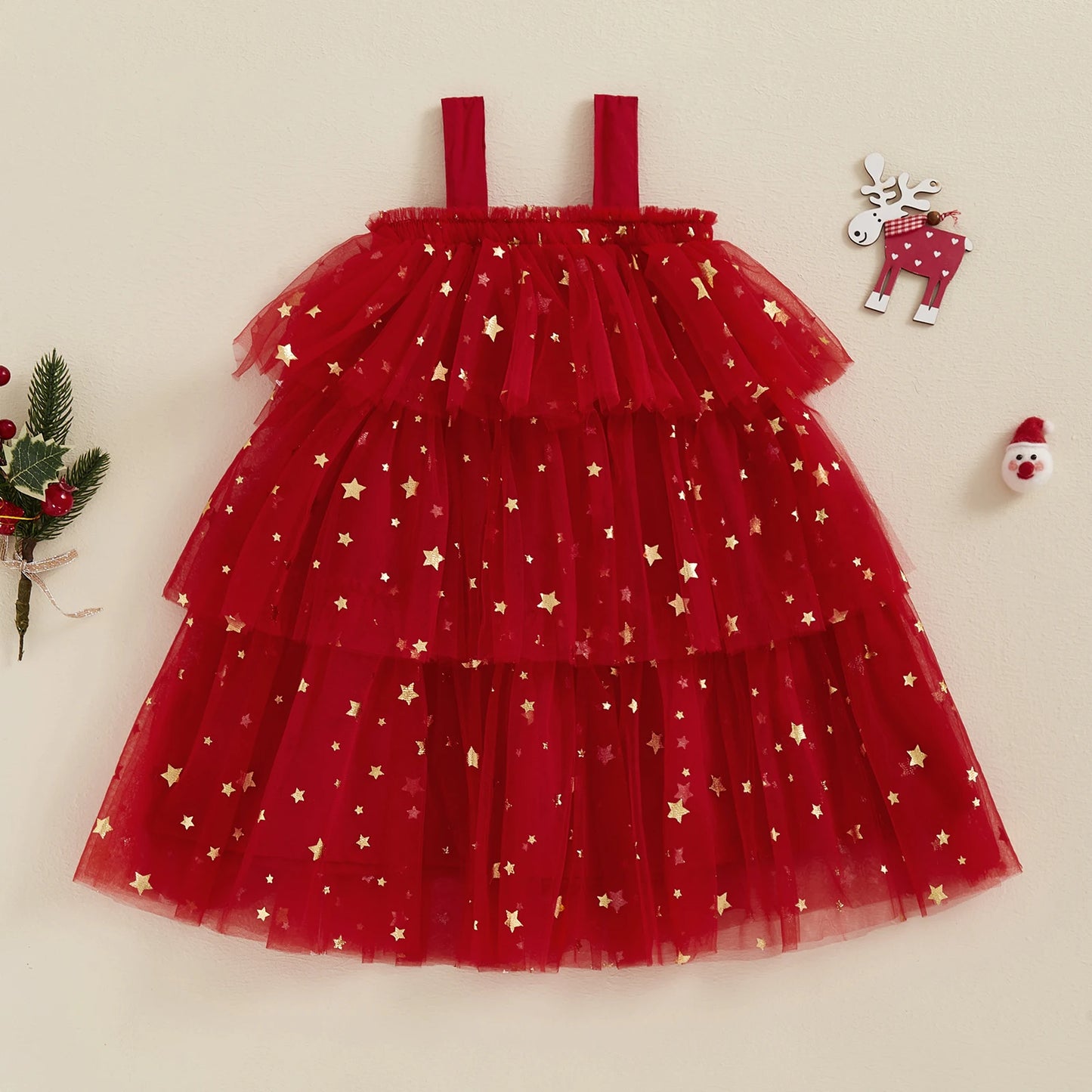 Girls Christmas Dress Strap Sleeveless Star Print Lace Layered Tulle