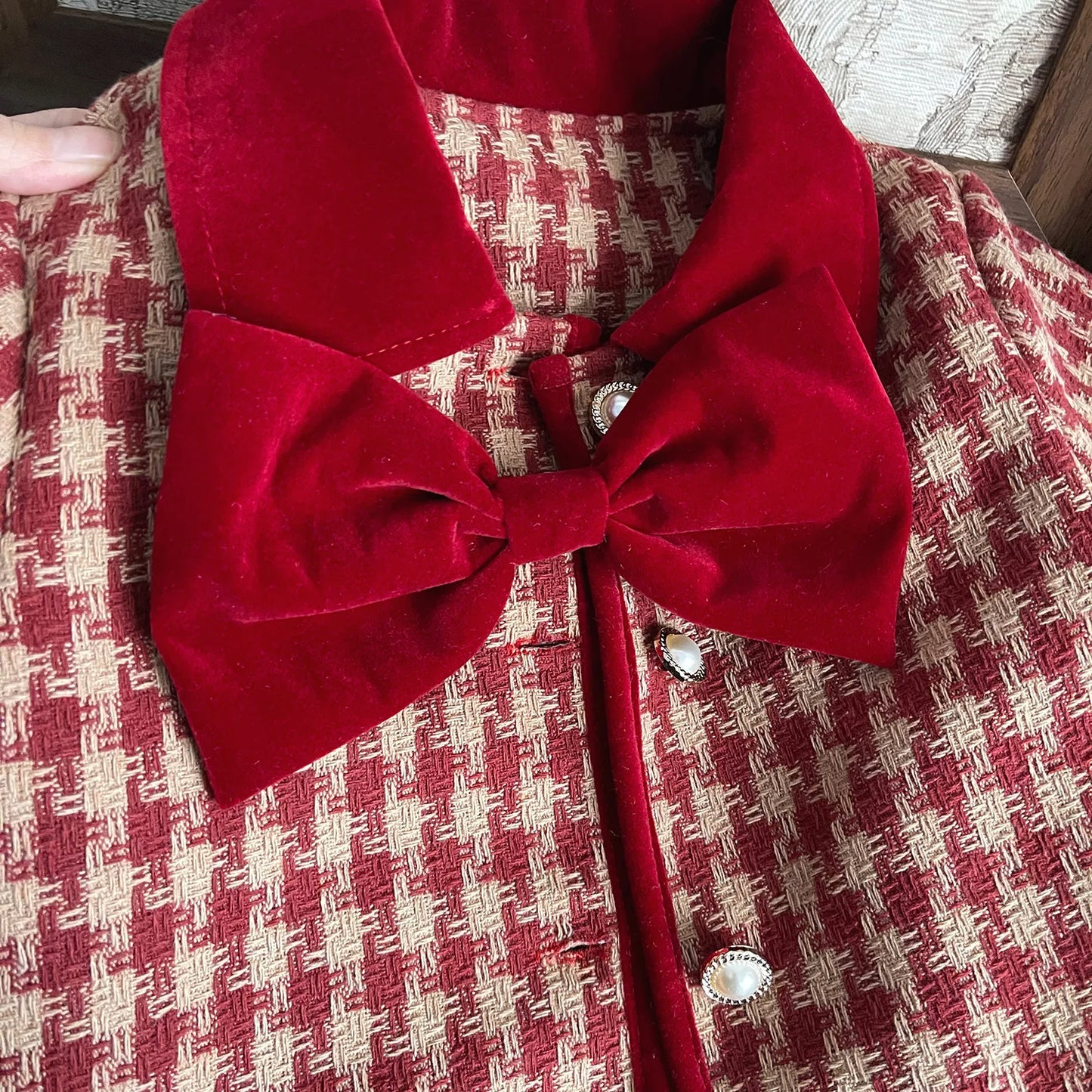 New Korean Edition Girls Red Grid Bow Set