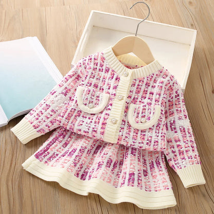 Girls' long sleeve knitting suit 2024 Christmas autumn winter new girls' sweater cardigan knitting Top + skirt two piece set