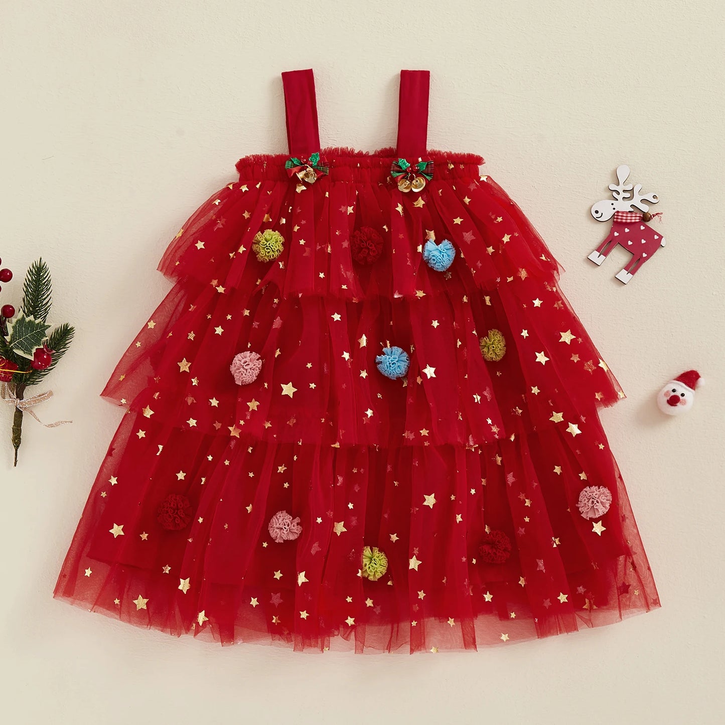 Girls Christmas Dress Strap Sleeveless Star Print Lace Layered Tulle