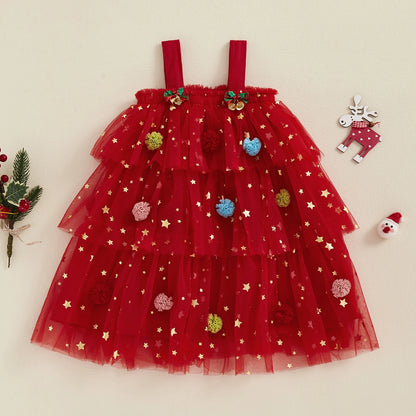 Girls Christmas Dress Strap Sleeveless Star Print Lace Layered Tulle