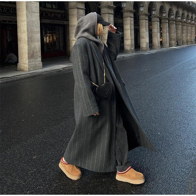 Retro Gray Unisex Striped  Long Coats