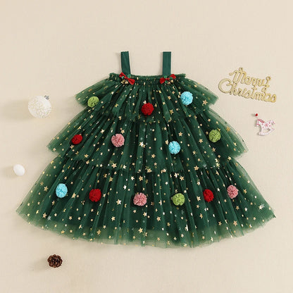 Girls Christmas Dress Strap Sleeveless Star Print Lace Layered Tulle