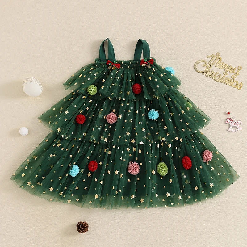 Girls Christmas Dress Strap Sleeveless Star Print Lace Layered Tulle