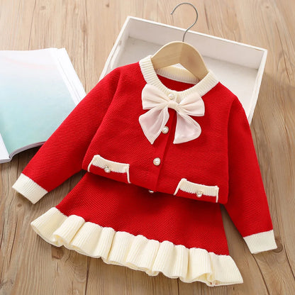 Girls' long sleeve knitting suit 2024 Christmas autumn winter new girls' sweater cardigan knitting Top + skirt two piece set