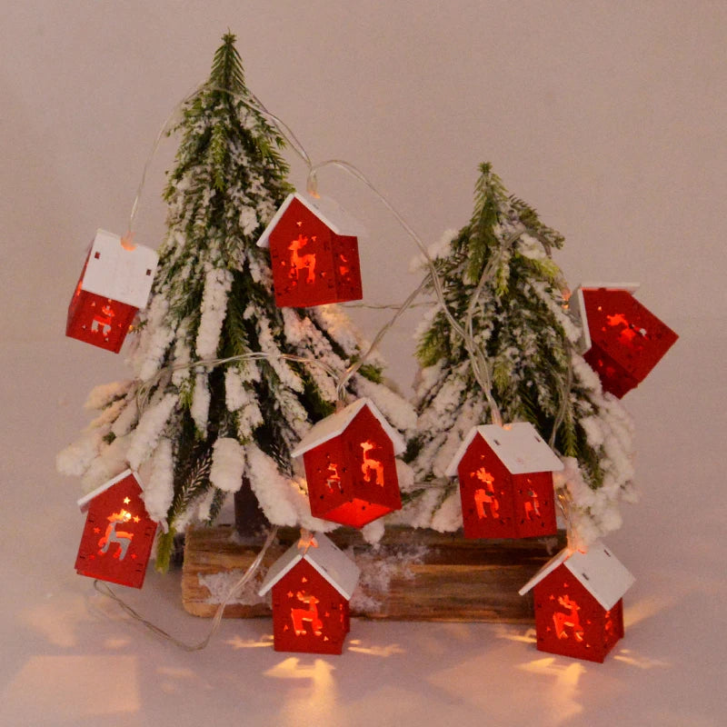 Christmas Wooden House LED String Light Xmas Tree Hanging Ornament