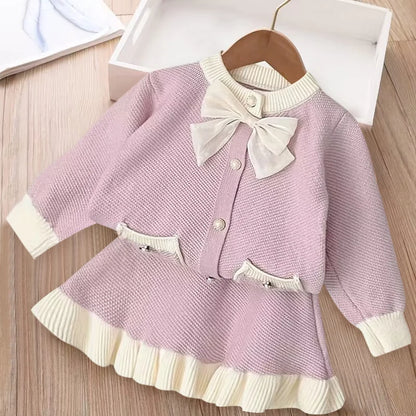 Girls' long sleeve knitting suit 2024 Christmas autumn winter new girls' sweater cardigan knitting Top + skirt two piece set