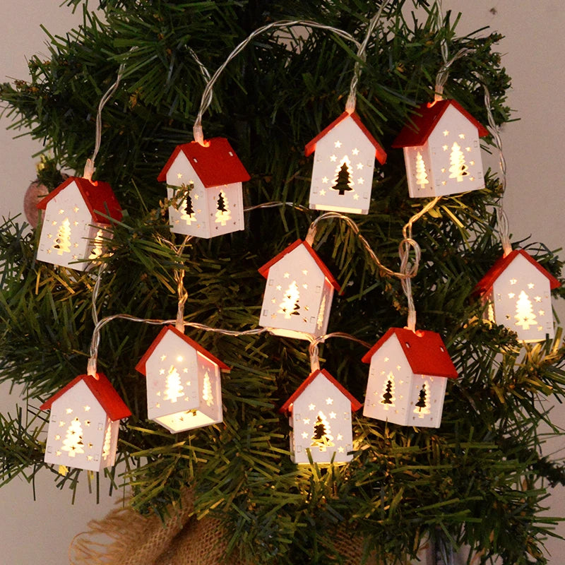 Christmas Wooden House LED String Light Xmas Tree Hanging Ornament