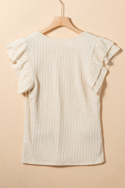 Apricot Crinkle Textured V Neck Flutter Sleeve Top