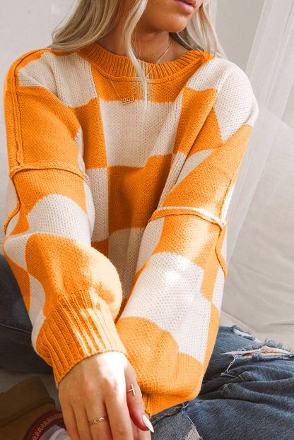 Pull orange à manches évêque à carreaux