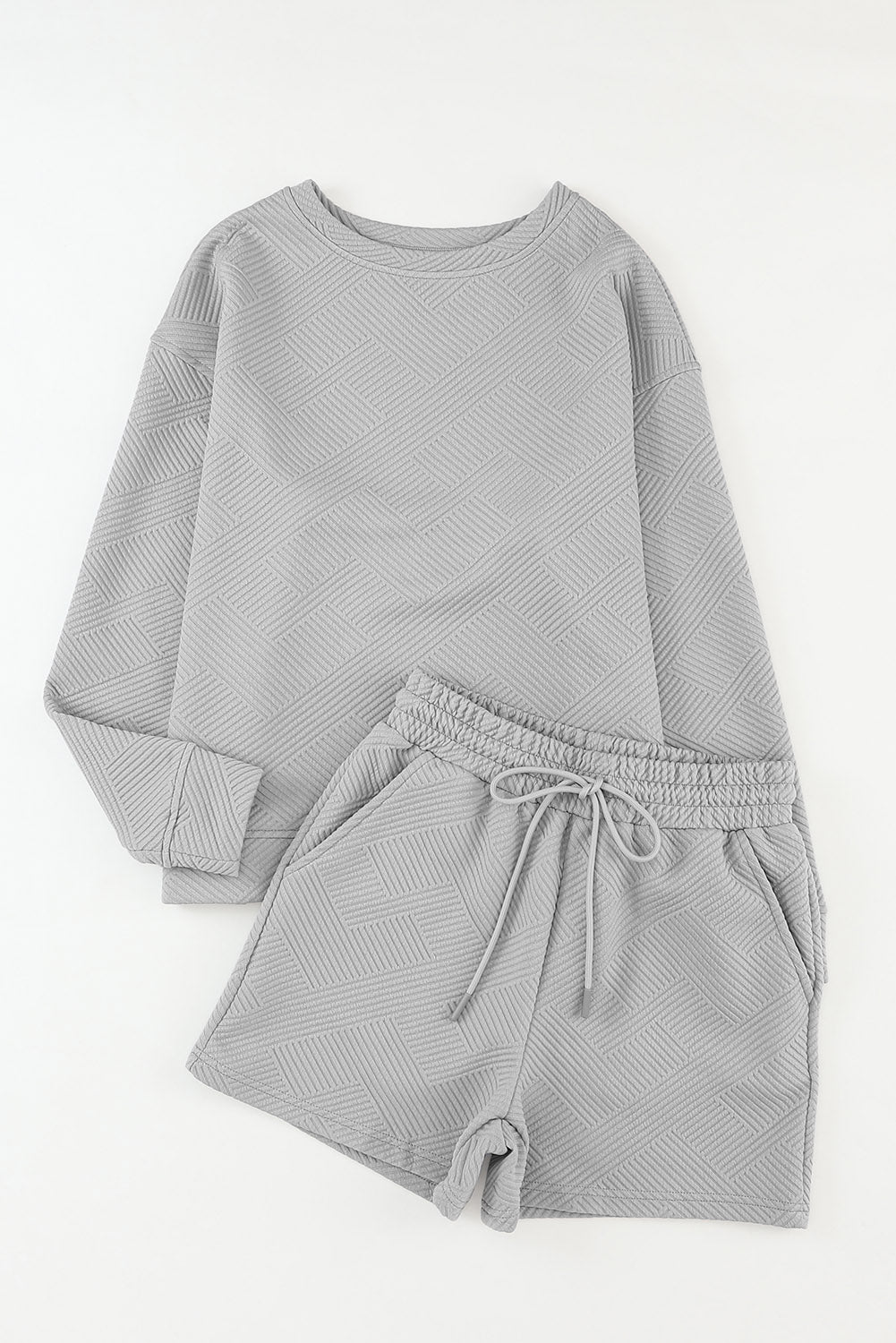 Green Textured Long Sleeve Top and Drawstring Shorts Set